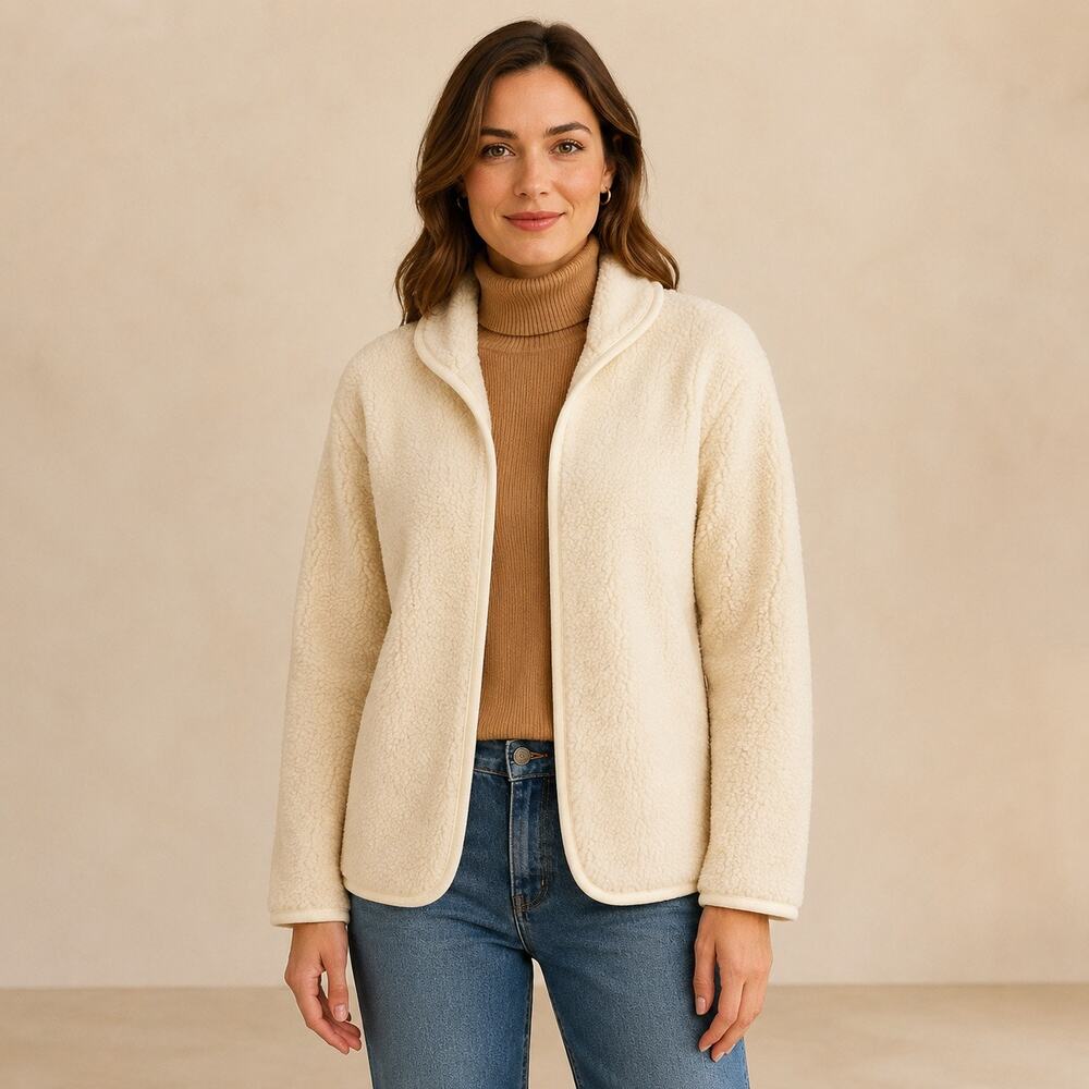 Vintage Austrian 100% Merino Wool Sherpa Jacket Women’s Medium Cream Open Front